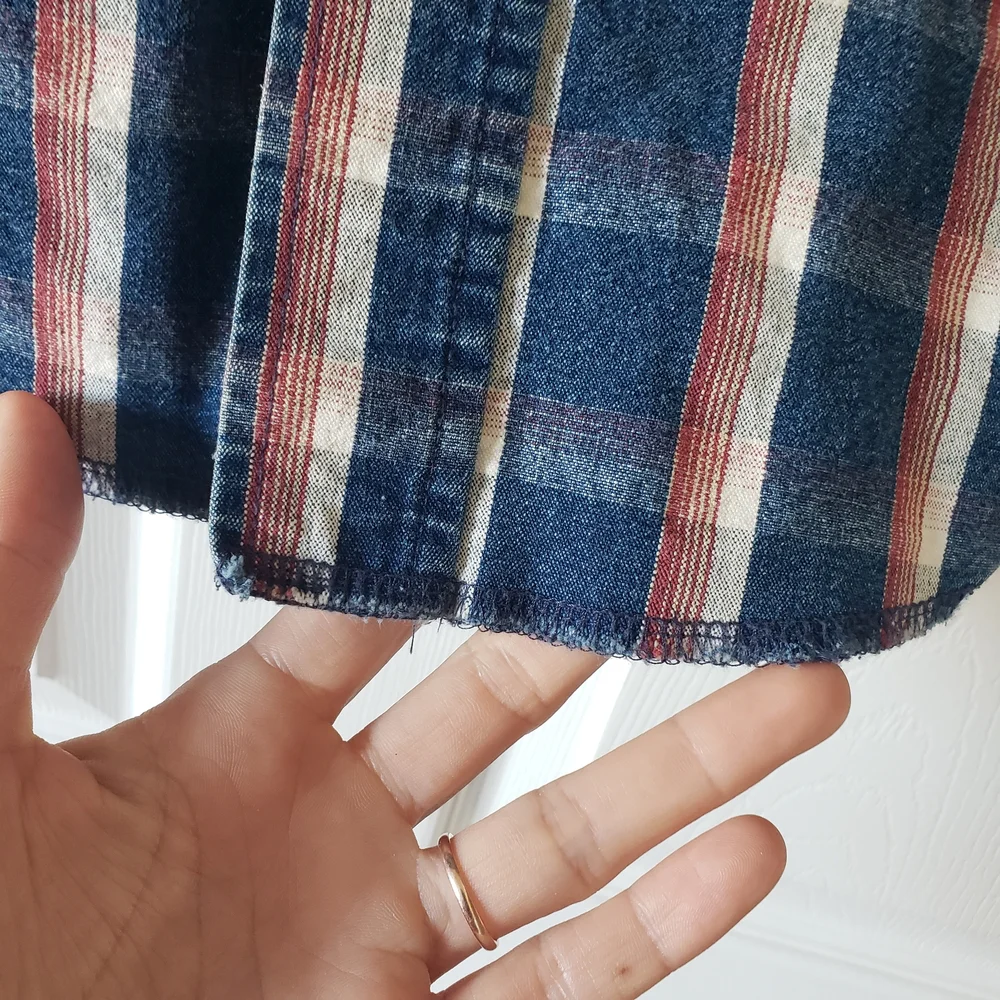 Slim Fit LRG Wrangler Mens Red White Blue Denim Plaid Button Up Western Shirt - Picture 5 of 14